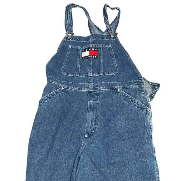 Vintage 90s Tommy Hilfiger Embroidered Logo Overalls Denim Jeans Medium - Picture 3 of 12